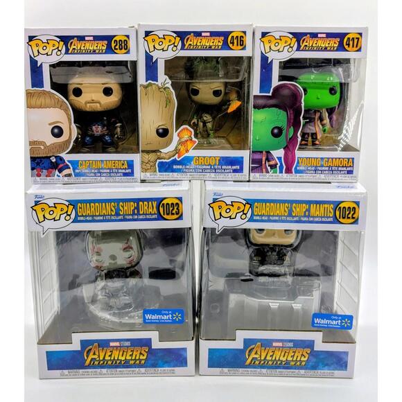 Funko Guardians Ship Mantis 1022 Drax 1023 Capt America 288 Groot 416 Gamora 417